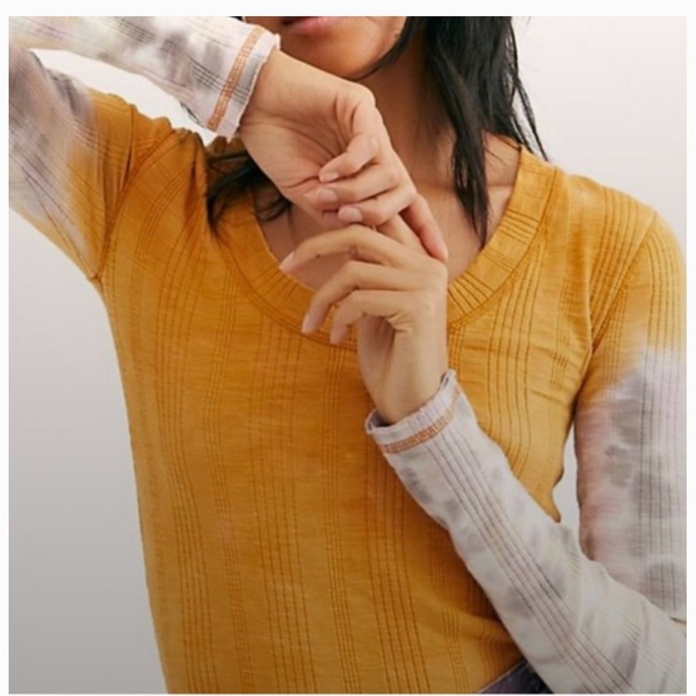 We The Free Mustard and Tie-Dye Long Sleeve Top